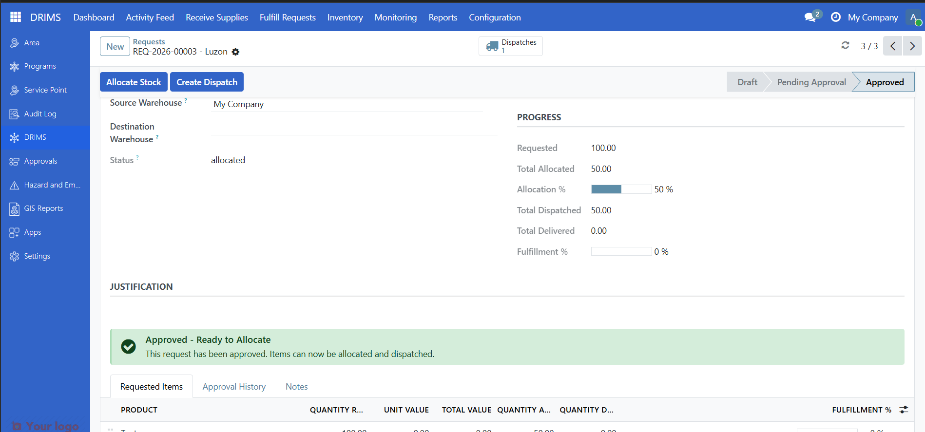 Request showing first dispatch created with remaining quantity still outstanding