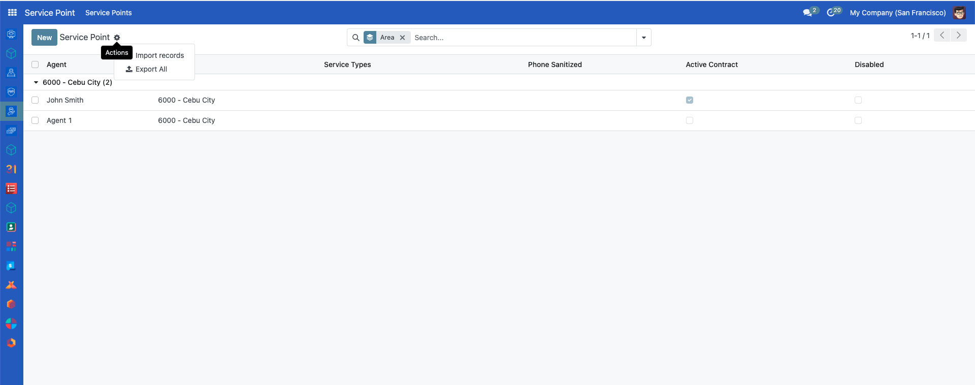Service Points page with data grouped by Area, showing the organized list ready for export