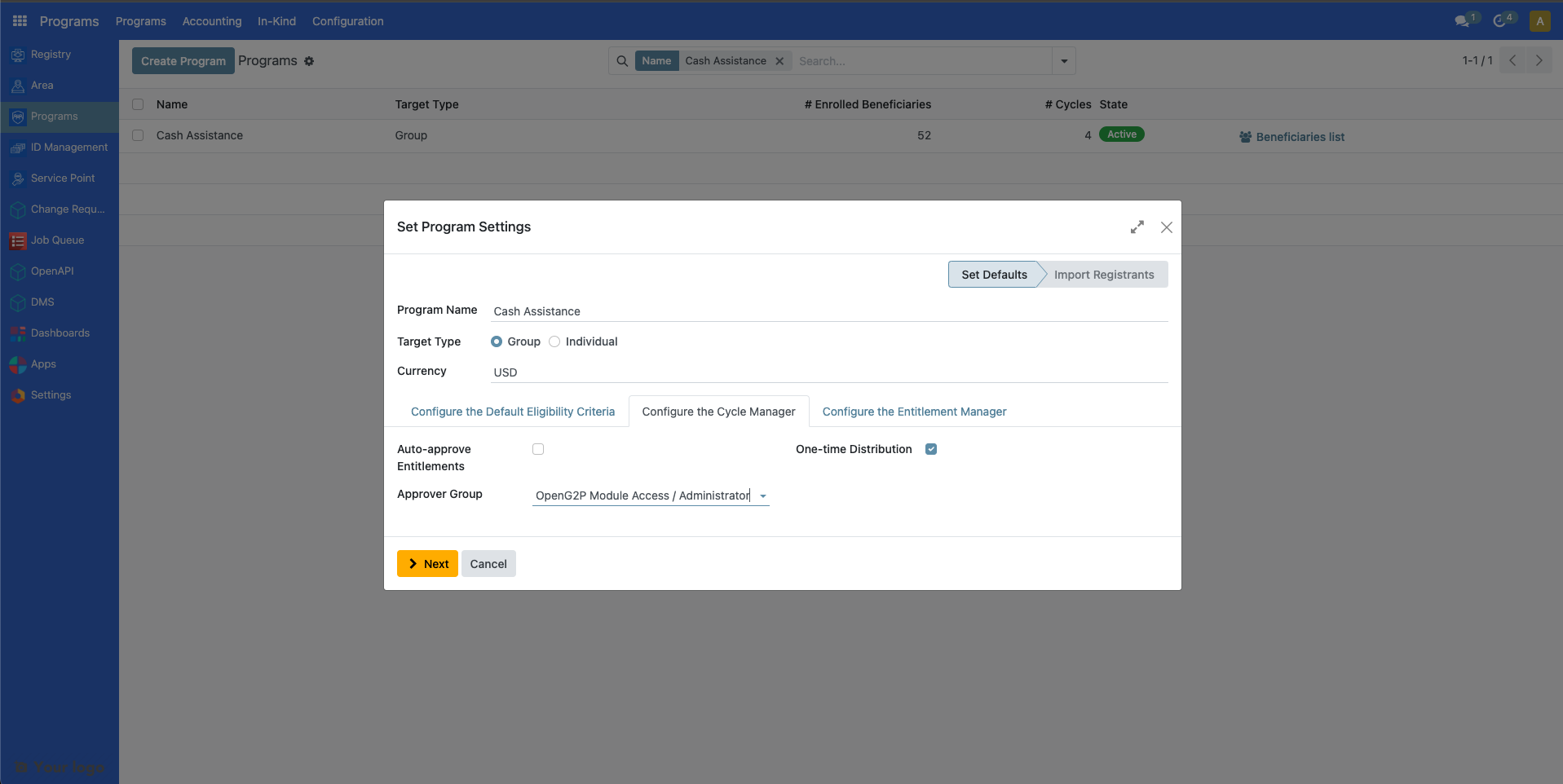 Program with one-time distribution showing automatically created cycle without Create New Cycle button