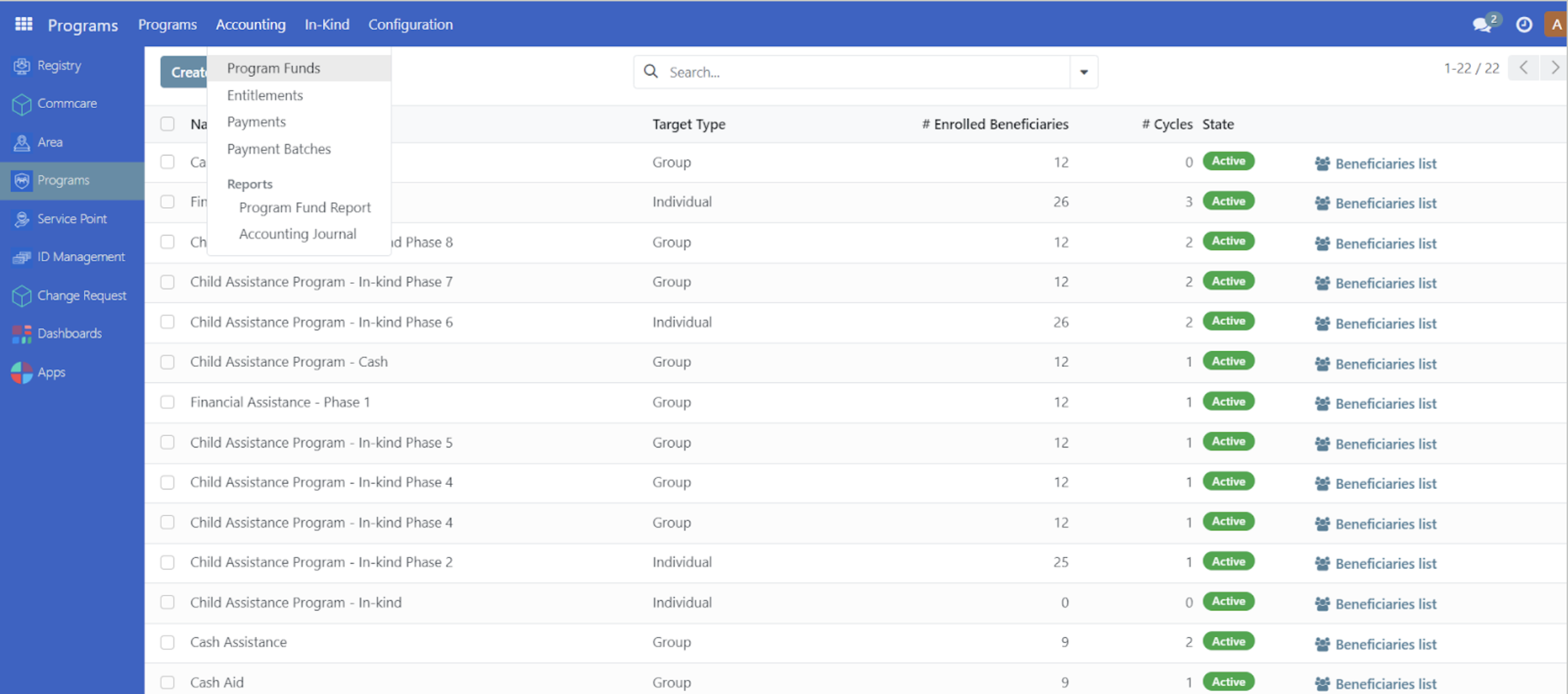 Programs menu showing Accounting dropdown with Program Funds option highlighted