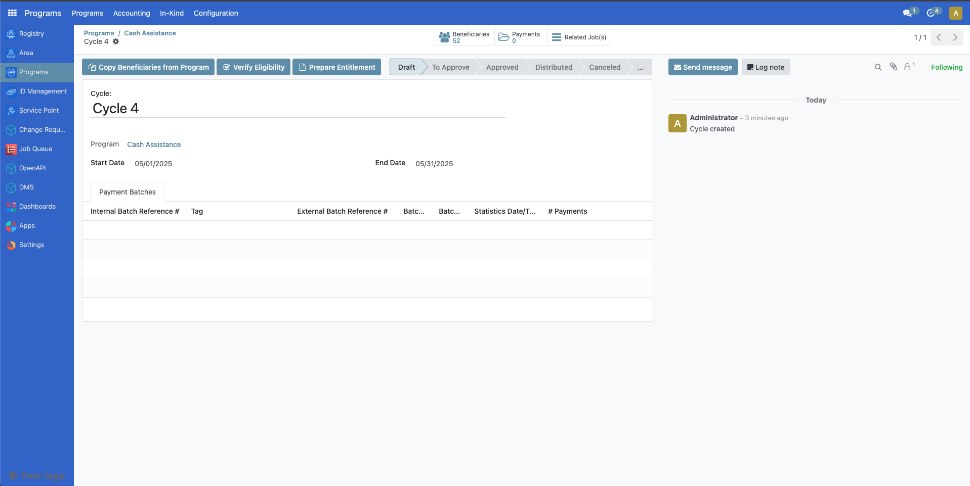 Cycle detail view showing Edit button and cycle information fields including name, start date, and end date