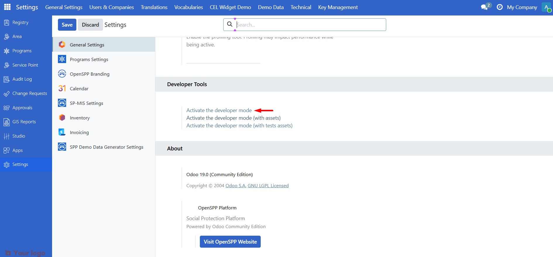 Settings with Activate the developer mode