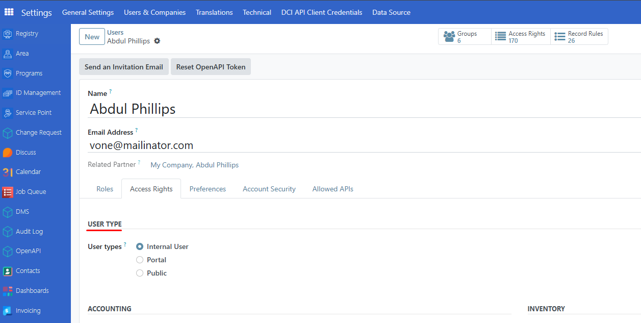 User Types selection interface in developer mode showing Portal and Public options