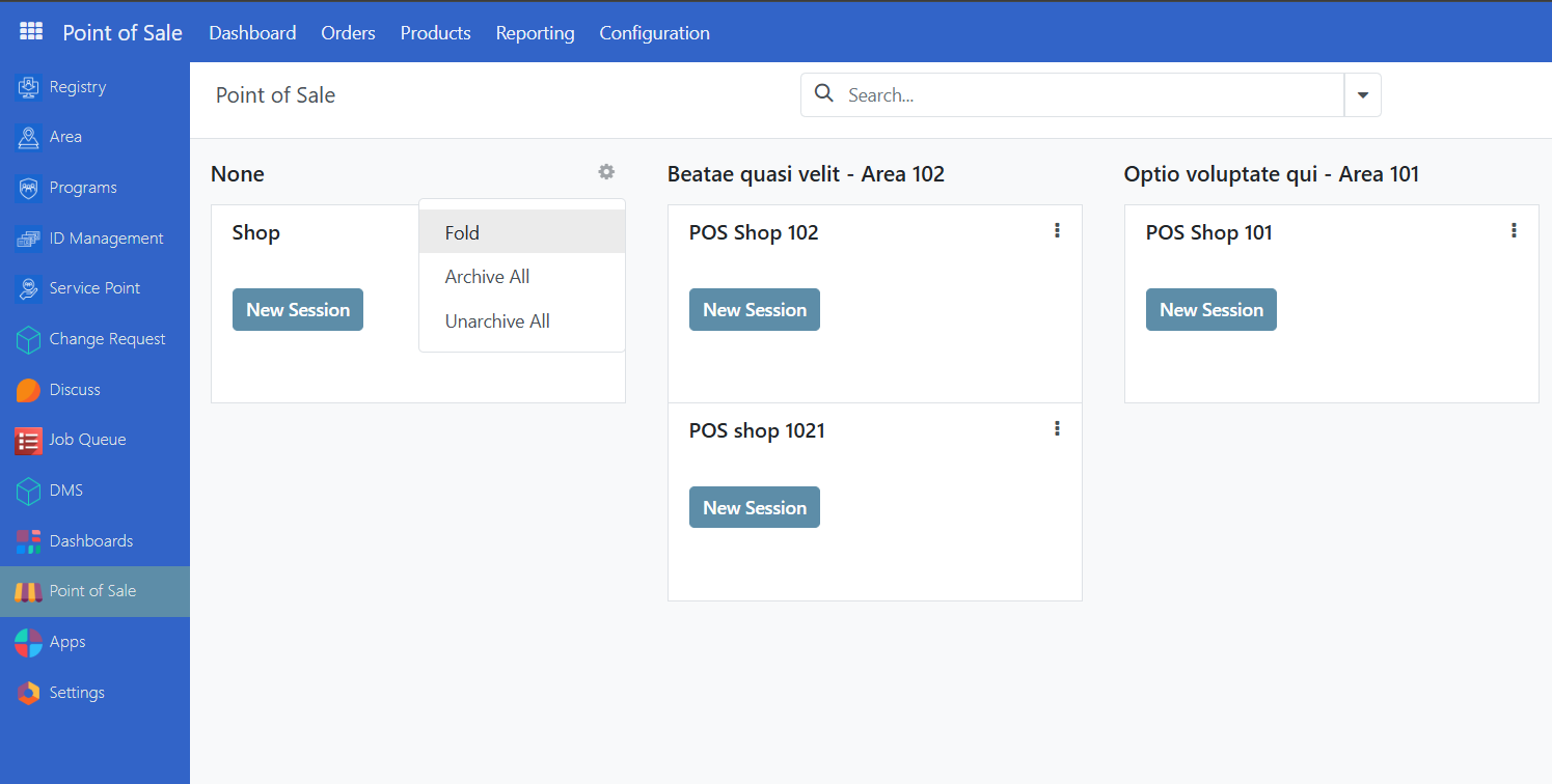 POS dashboard displaying available point of sales with New Session buttons
