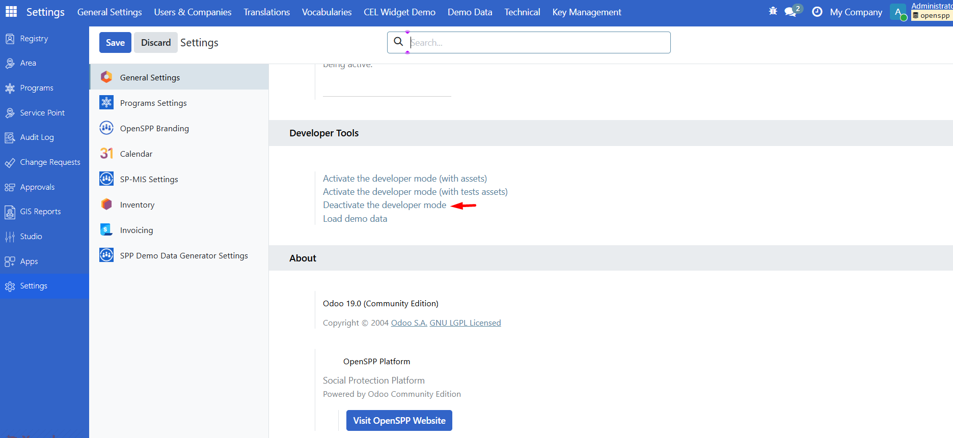 Settings with Deactivate the developer mode