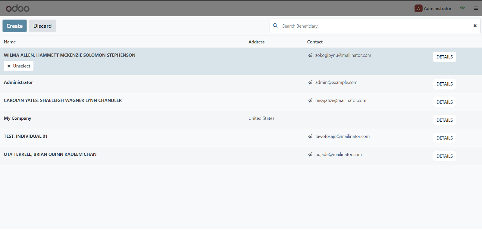Beneficiary selection dialog showing list of registered beneficiaries