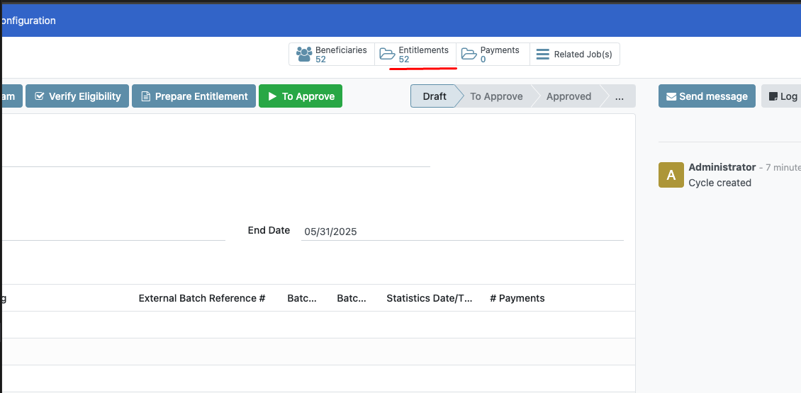 Cycle overview showing Entitlements count indicating the number of prepared entitlements for beneficiaries