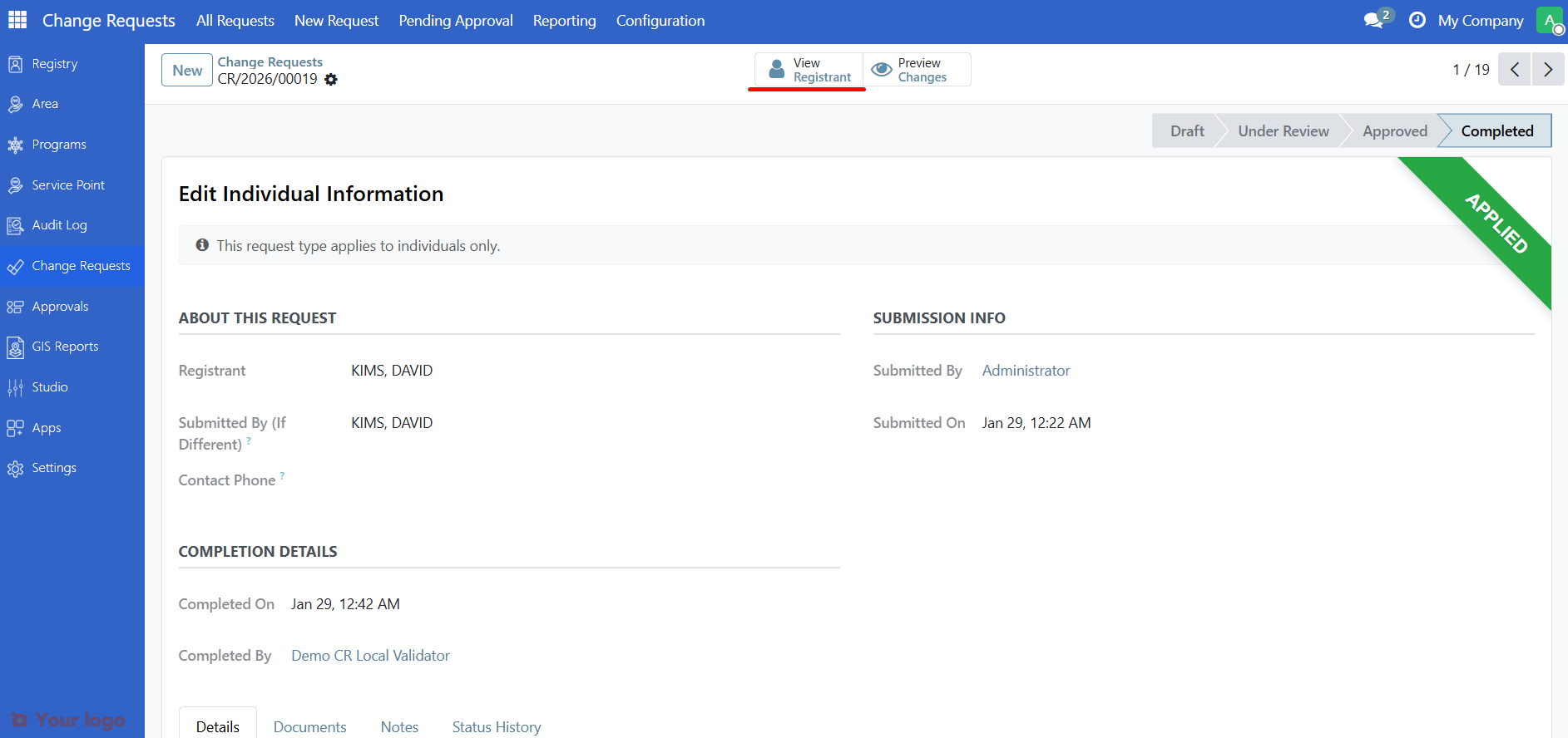 View Registrant button
