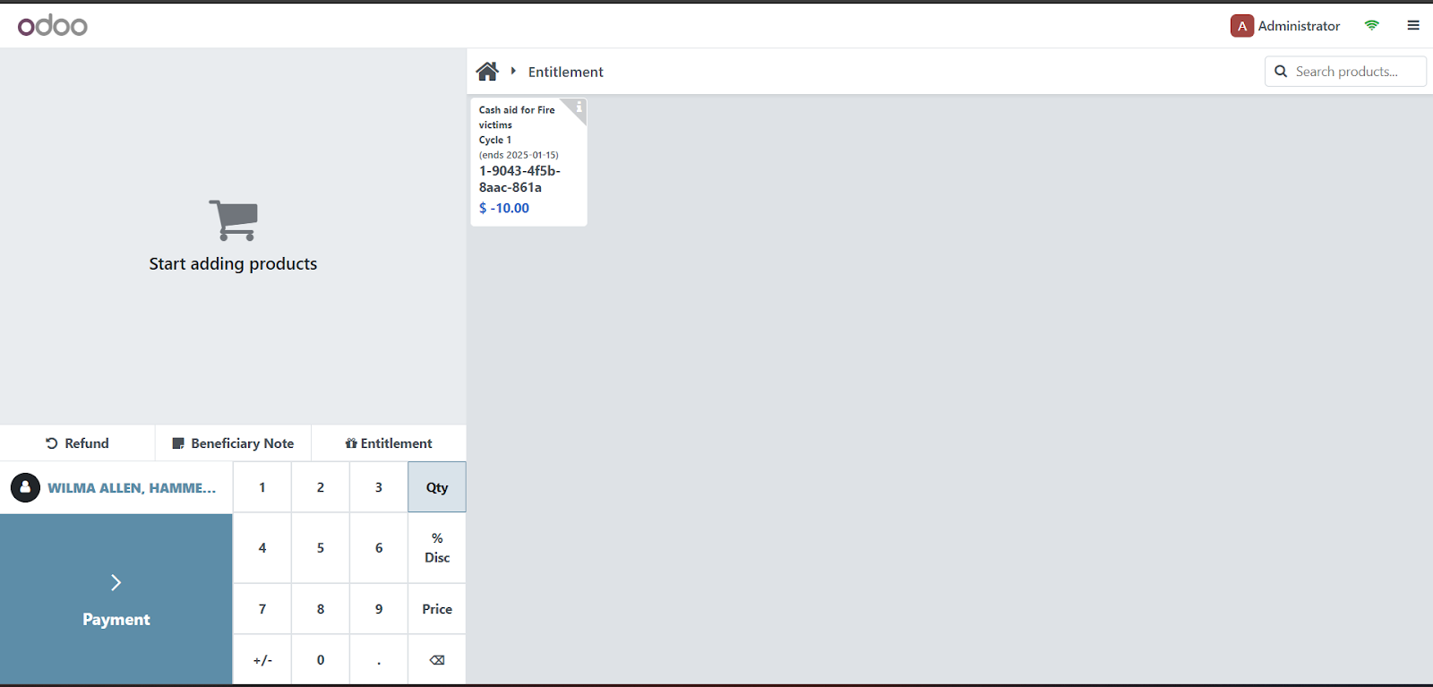 POS interface displaying selected beneficiary name in the transaction area