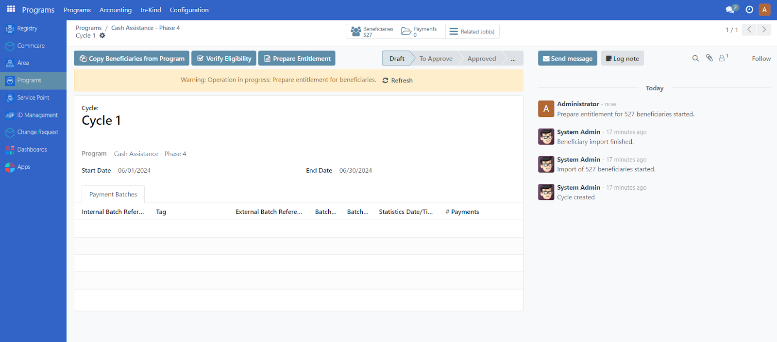 Yellow warning message displaying process status with Refresh button for updating the view