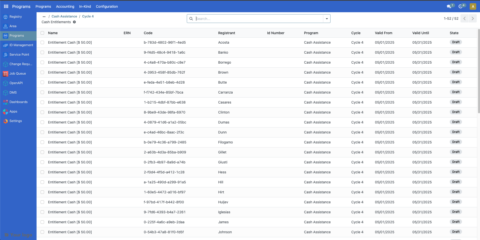 Entitlements tab showing table view of draft entitlements with beneficiary details and entitlement amounts