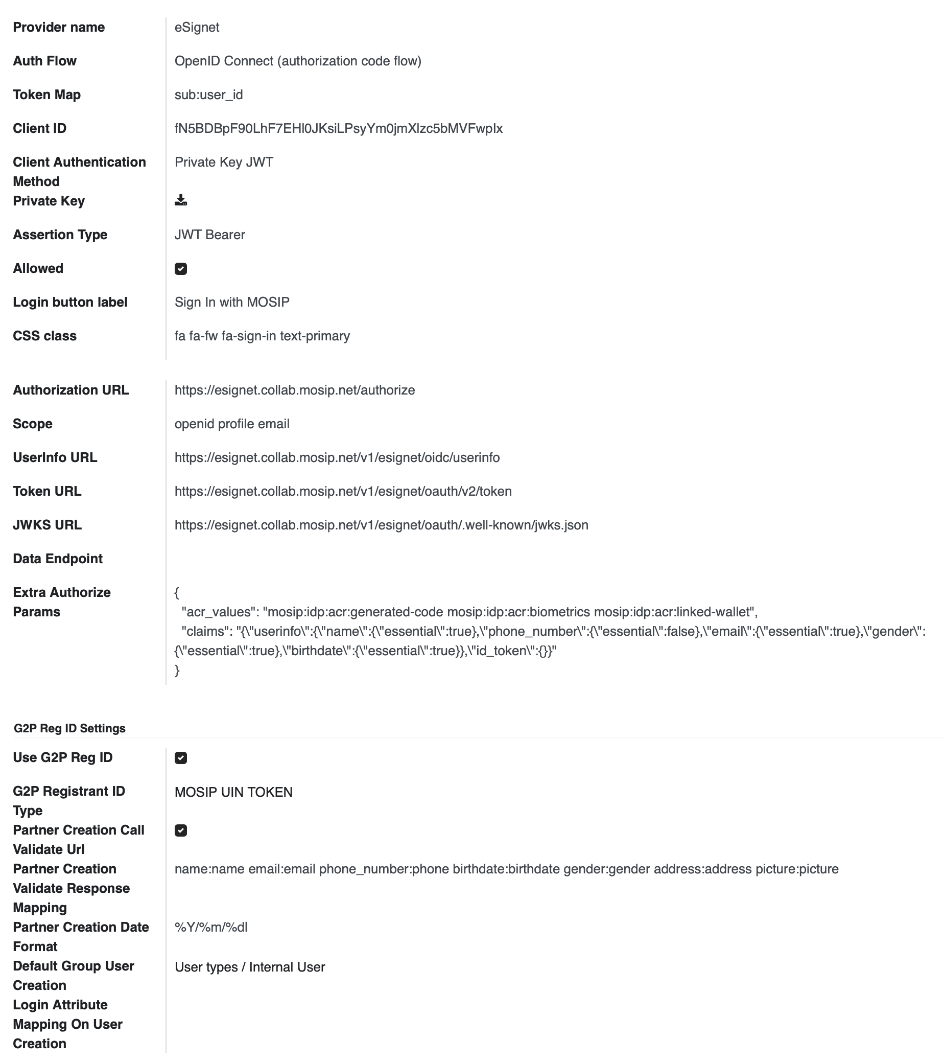 eSignet OAuth provider configuration interface