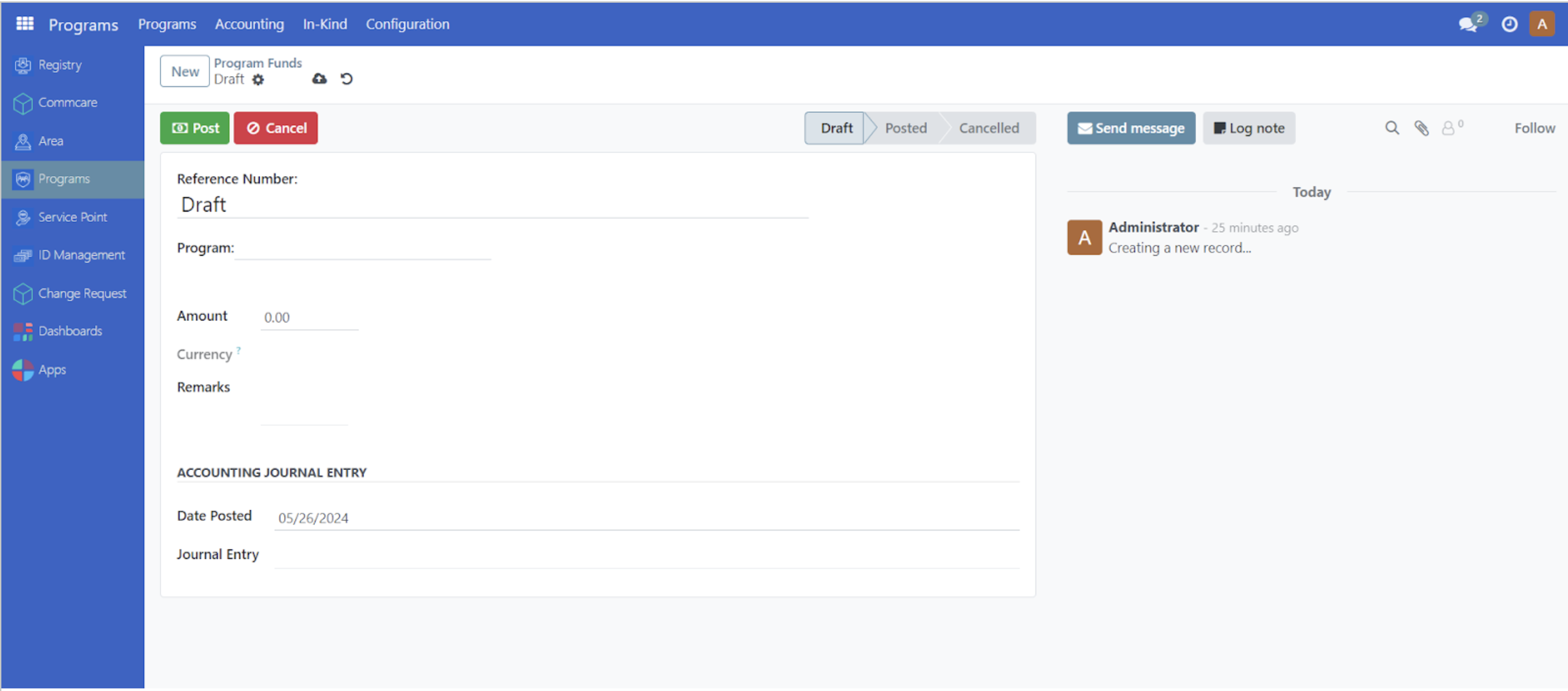 Program Funds page interface showing empty fund allocation form with fields for reference number, program selection, and amount