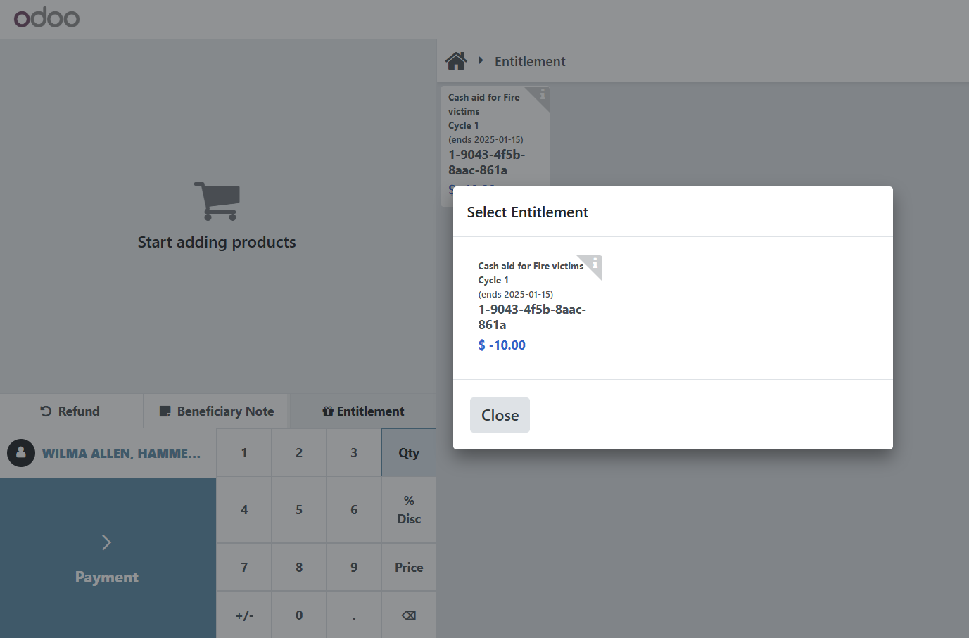 POS interface showing selected entitlement with Close button visible