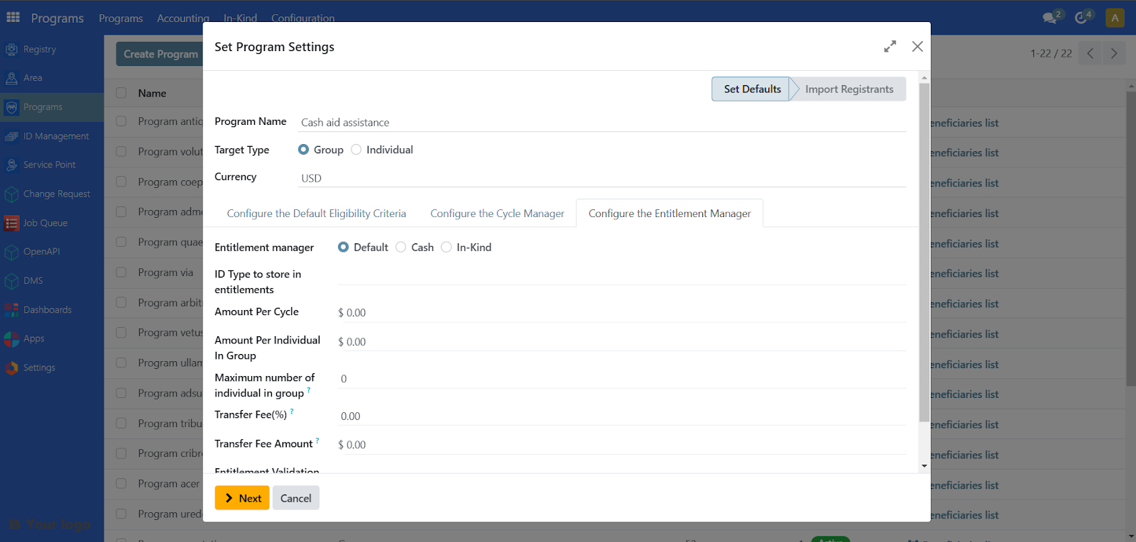 Program creation modal showing the Configure the Entitlement manager tab highlighted