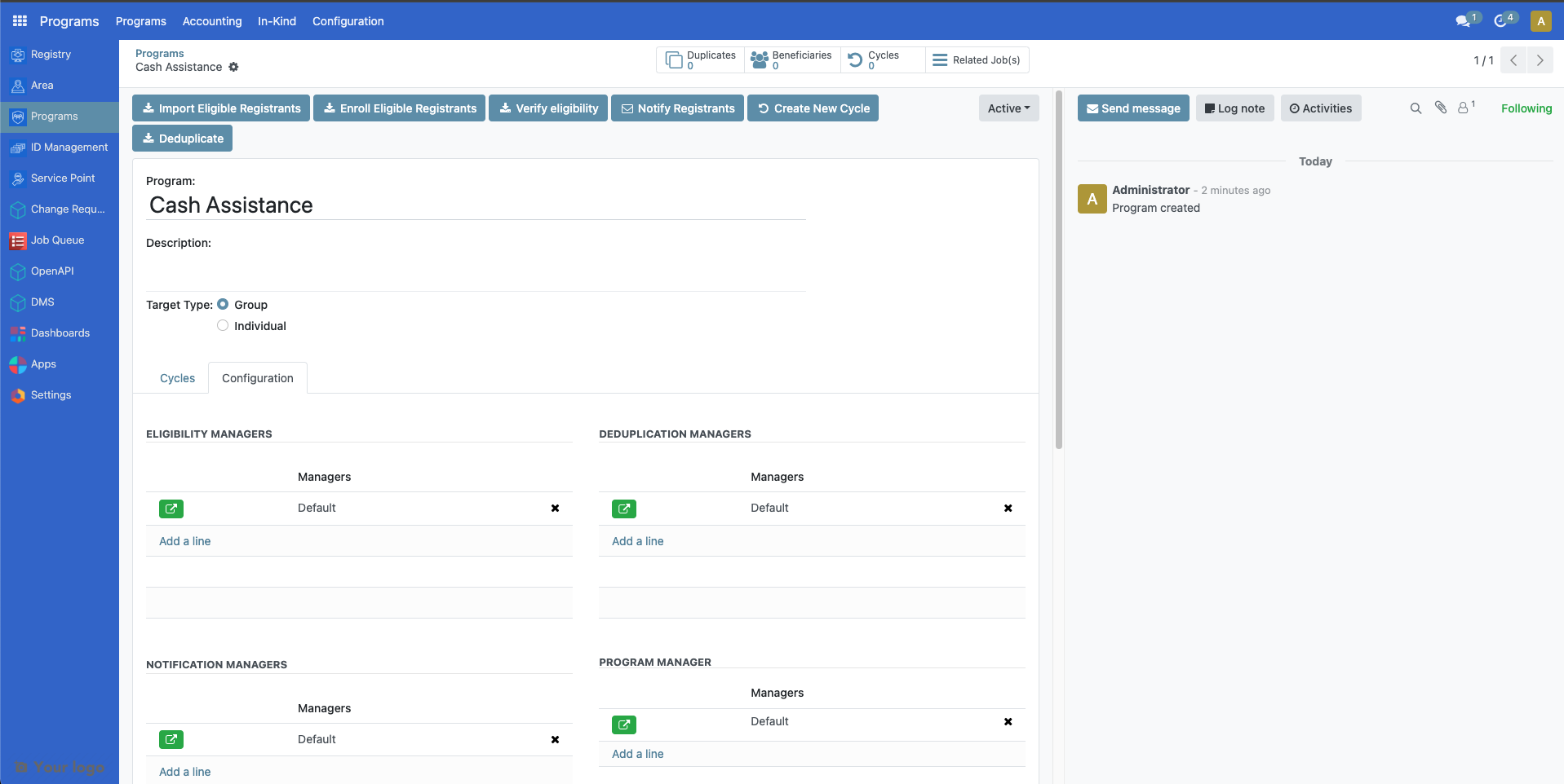 Program configuration tab showing eligibility managers, cycle manager, and entitlement manager sections