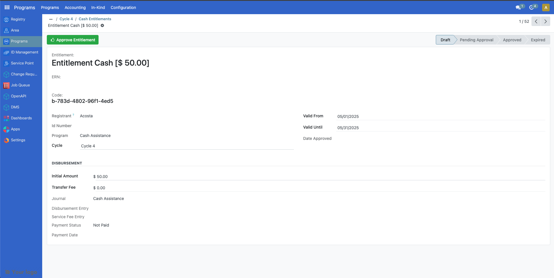 Individual entitlement detail view showing specific entitlement information and status