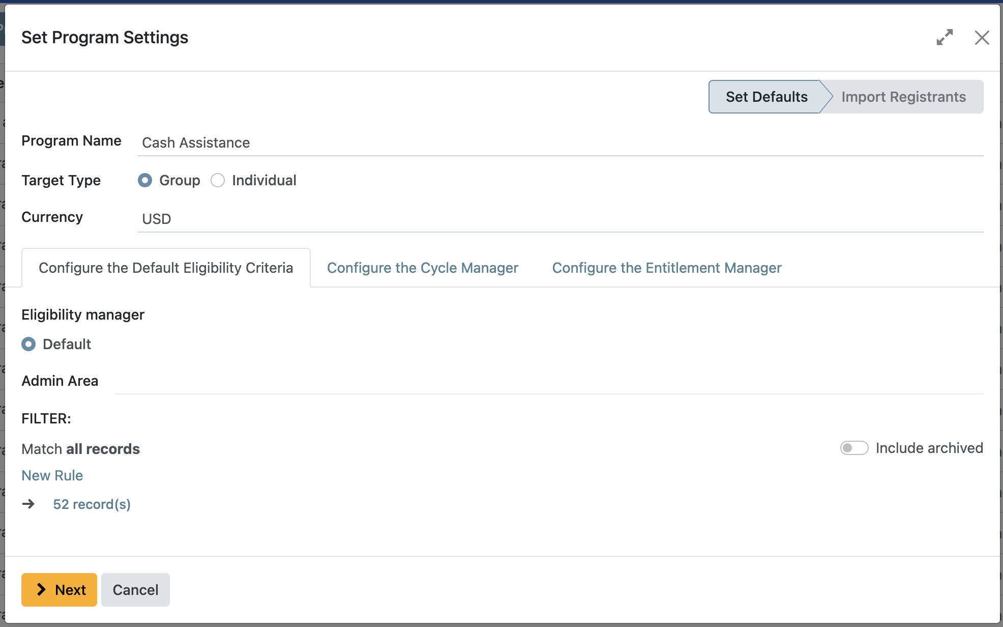 Program creation form showing basic settings including Program Name, Target Type, and Currency selection fields