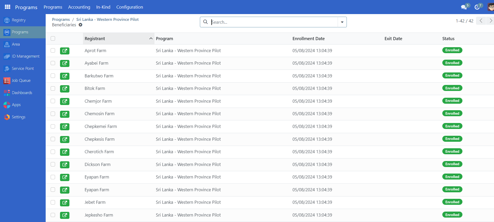 Beneficiaries table view showing imported and enrolled beneficiaries with their status and program details