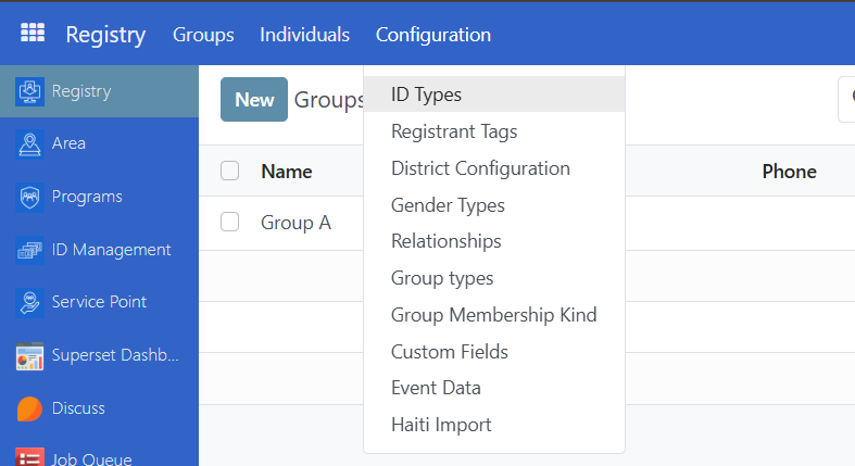 Registry Configuration menu with ID Type option