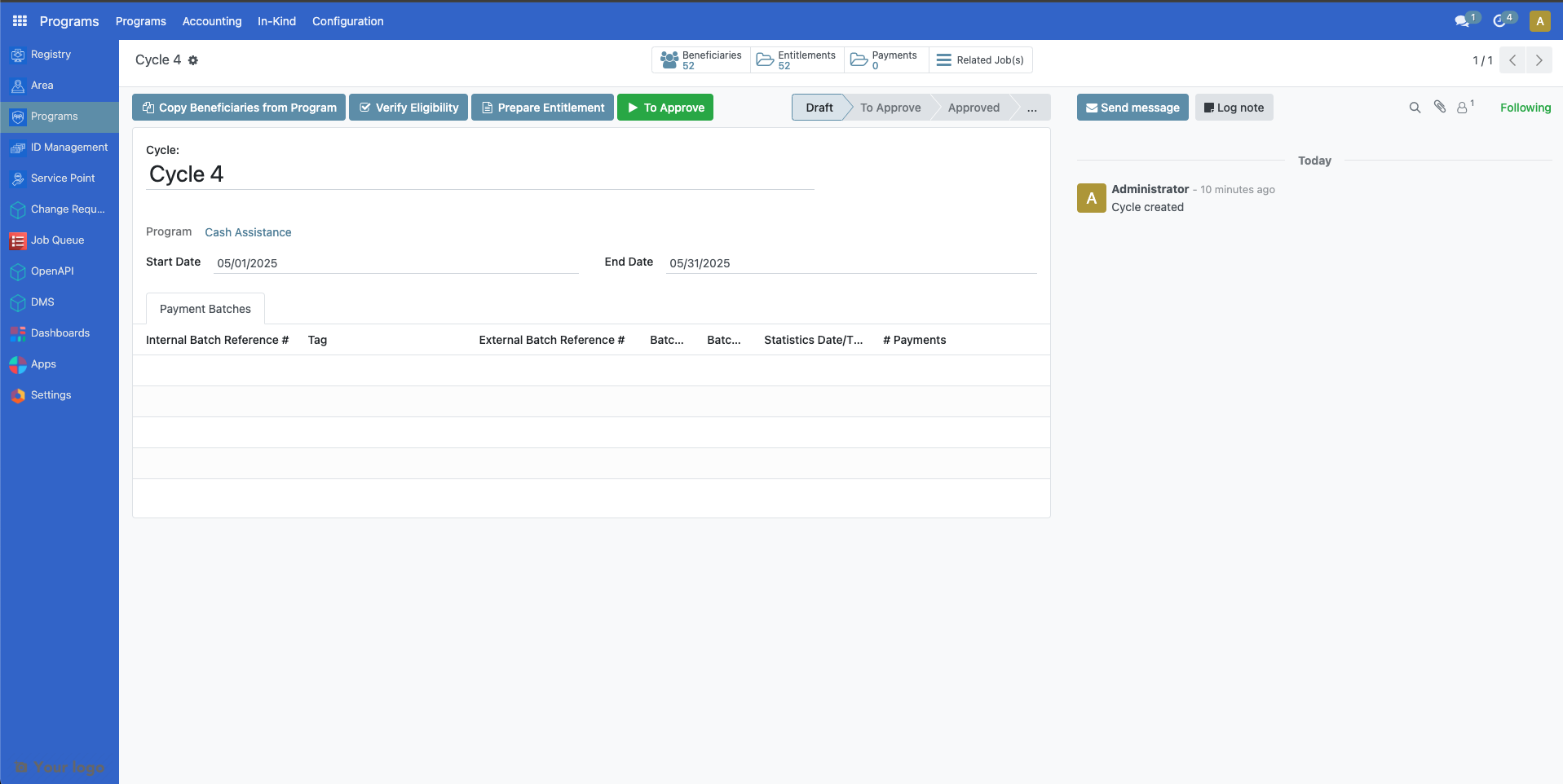 Cycle actions menu showing To Approve button for moving cycle to approval state