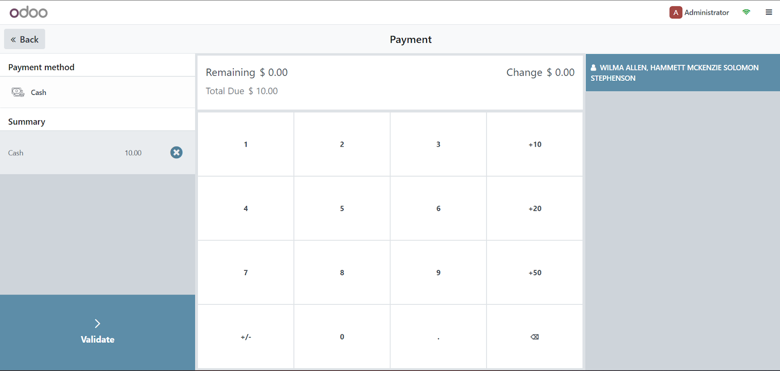 POS validation screen with Validate button to complete the transaction