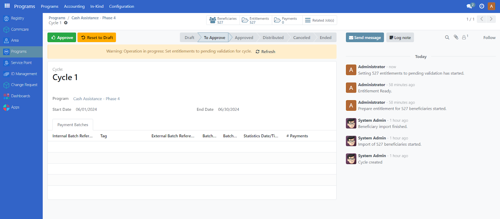 Yellow warning message during cycle approval process with refresh button for status updates