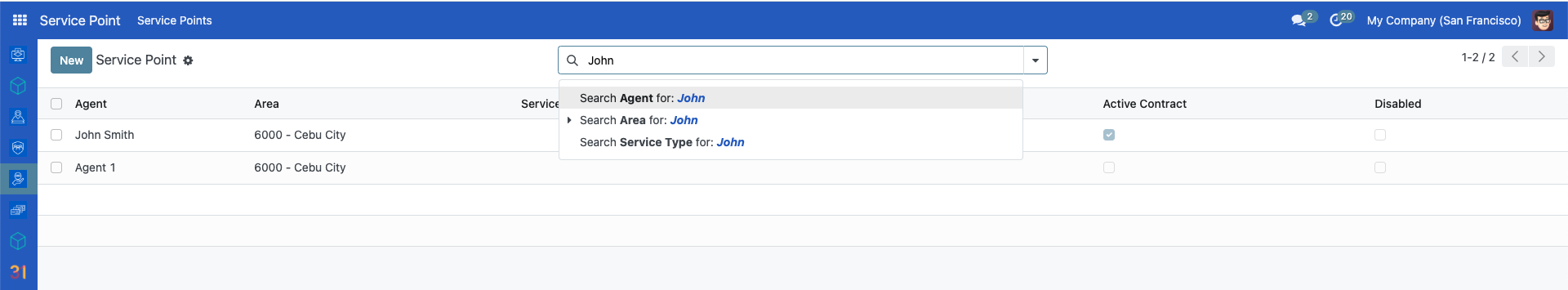 Service Points page showing the search bar with 'John' entered and the Search Agent for John button highlighted