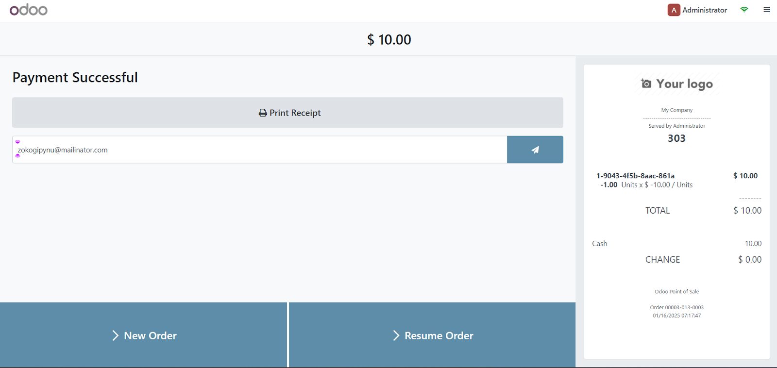 POS completion screen showing transaction success with New Order button