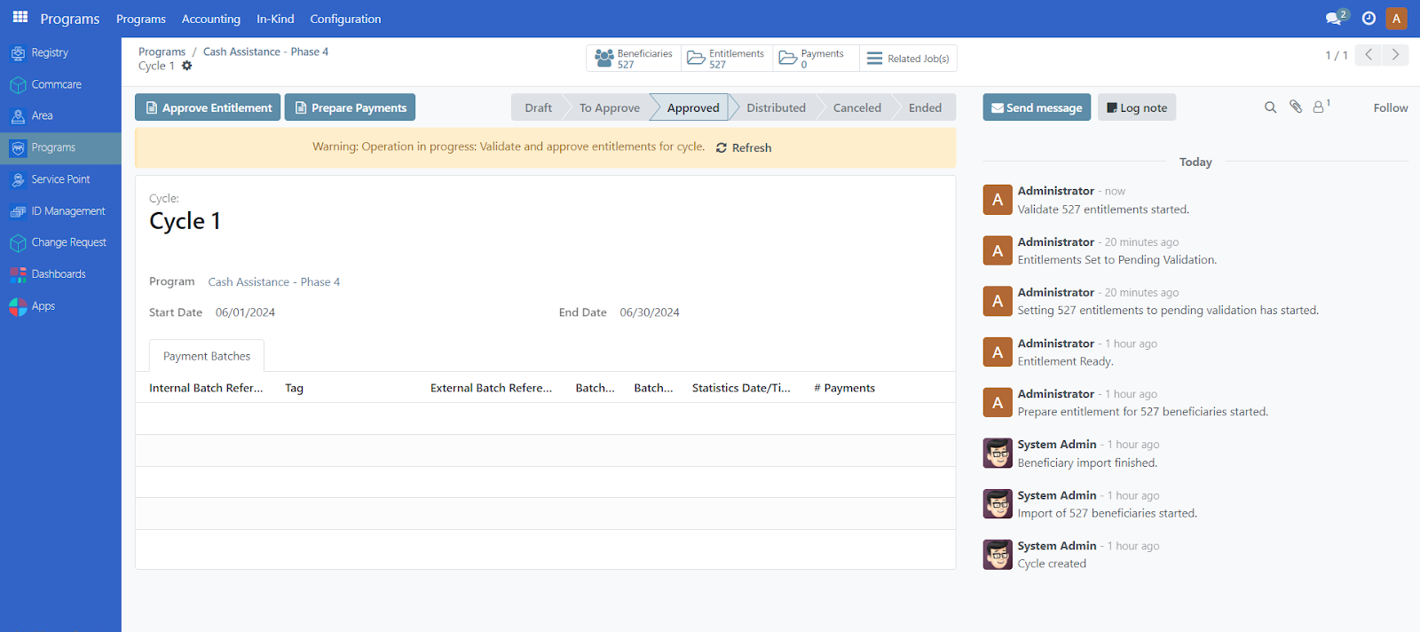 Cycle actions menu showing Approve entitlement button for bulk entitlement approval