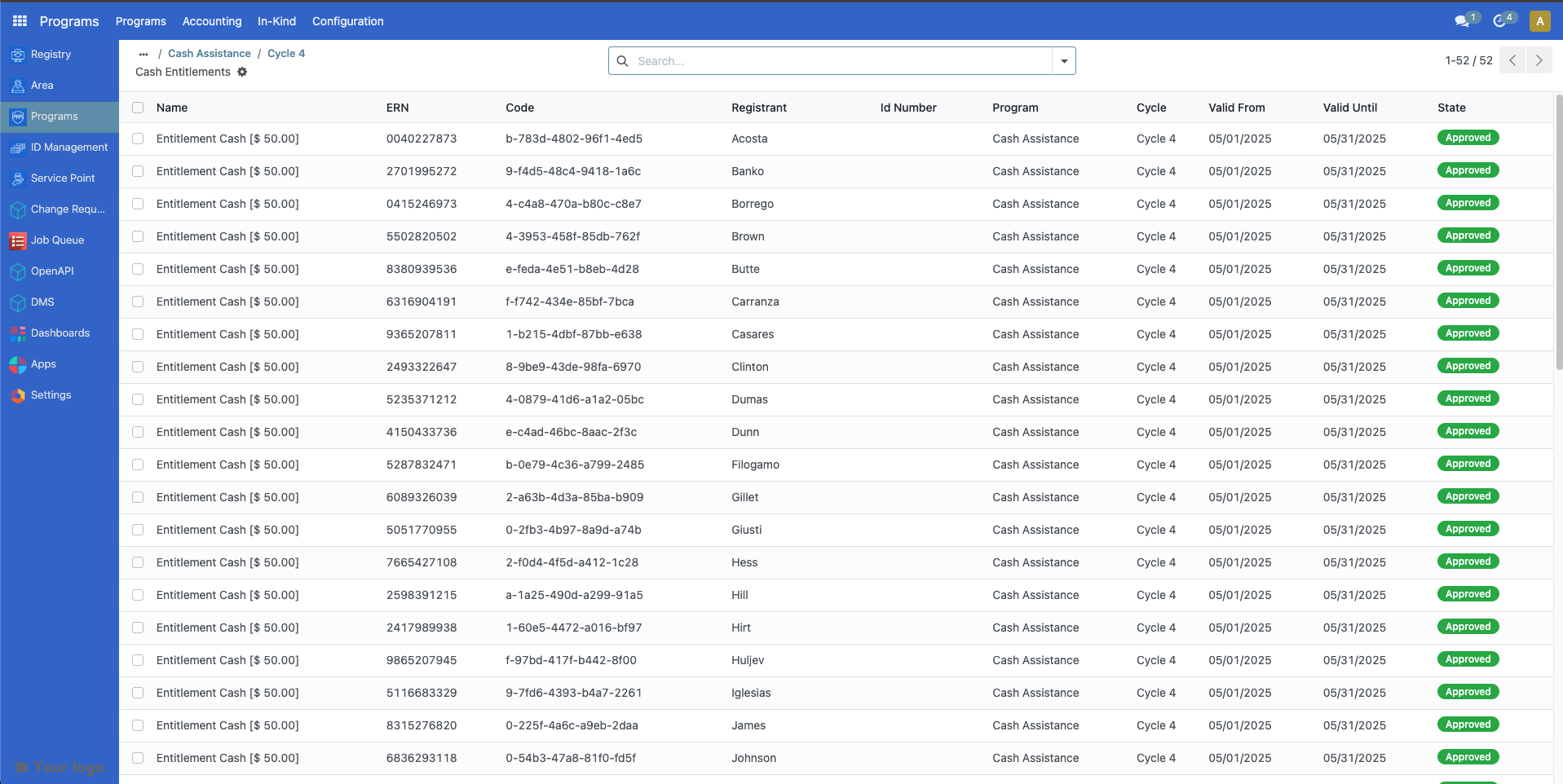 Entitlements status view showing approved entitlements with updated approval state