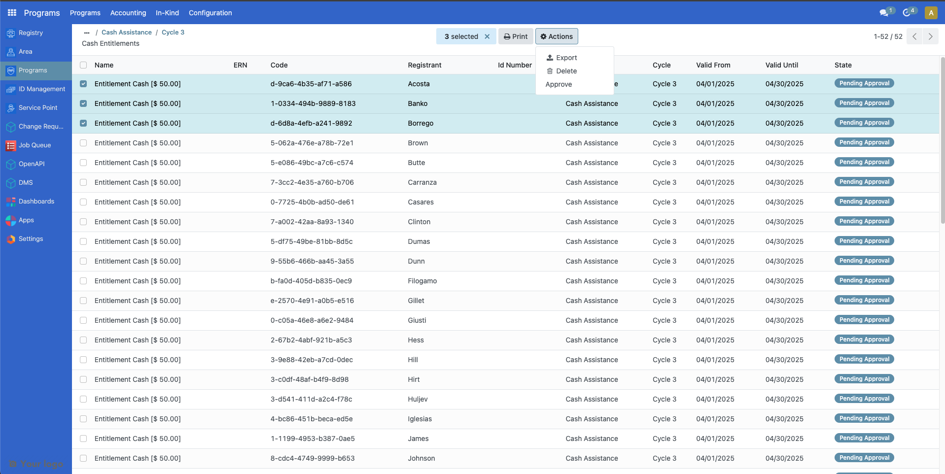 Individual entitlement approval interface showing checkboxes, Action button, and Approve option