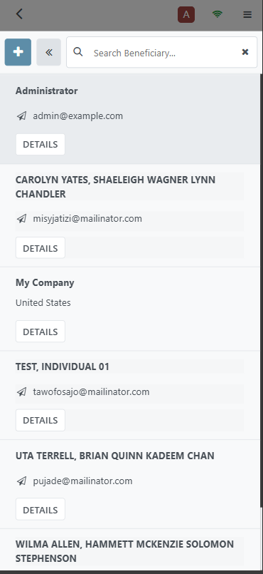 Mobile beneficiary list showing registered beneficiaries for selection