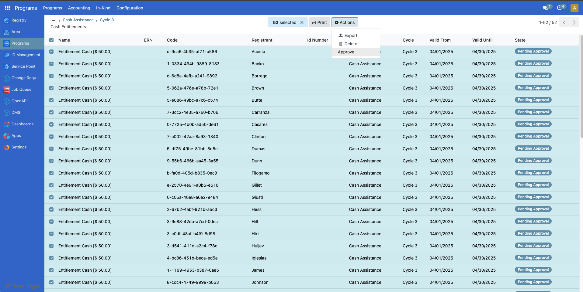 Bulk entitlement approval interface showing Select all checkbox, Action button, and mass approval options