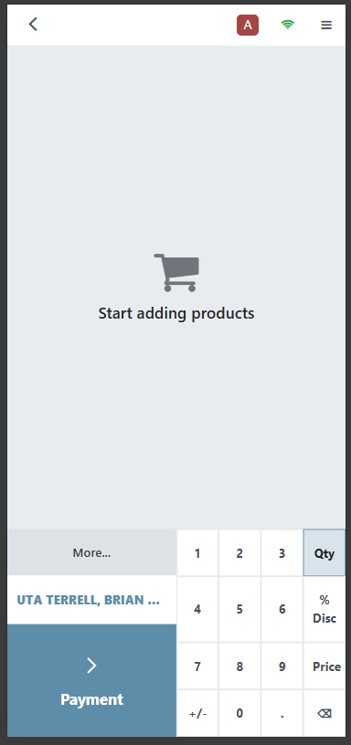 Mobile POS interface showing selected beneficiary name in the transaction area