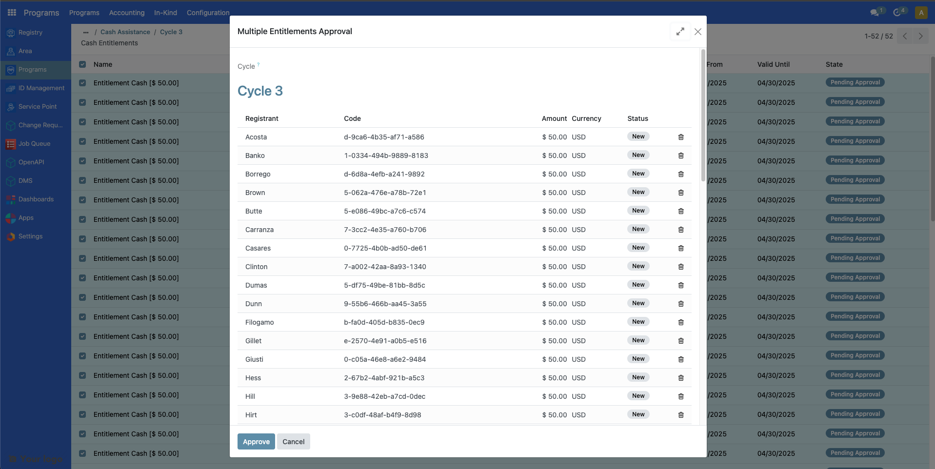Entitlement approval confirmation popup with Approve button for final approval confirmation
