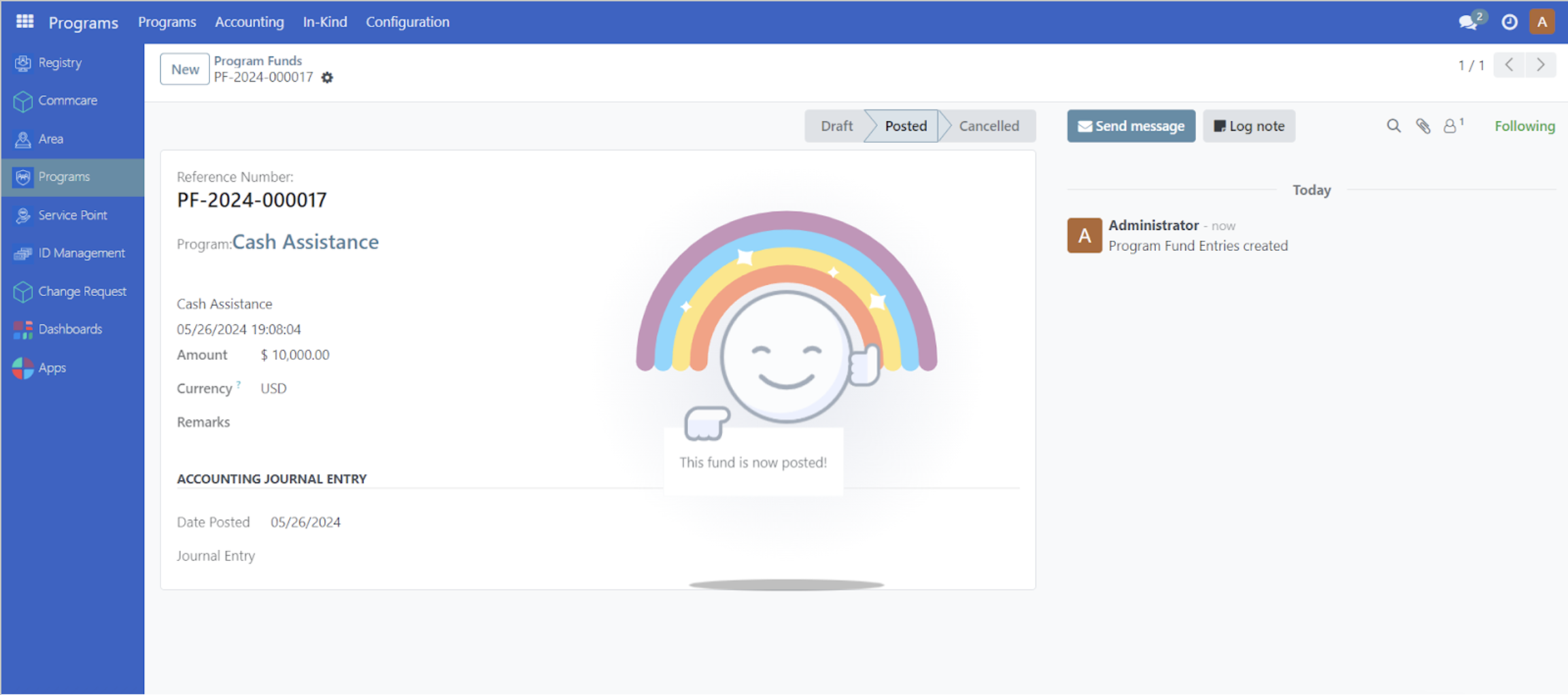 Success notification popup confirming that funds have been successfully posted to the program
