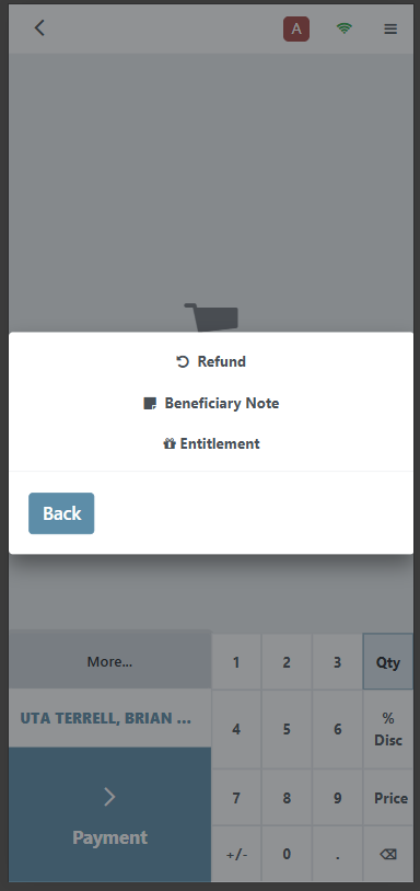 Mobile POS More menu with Entitlement option visible