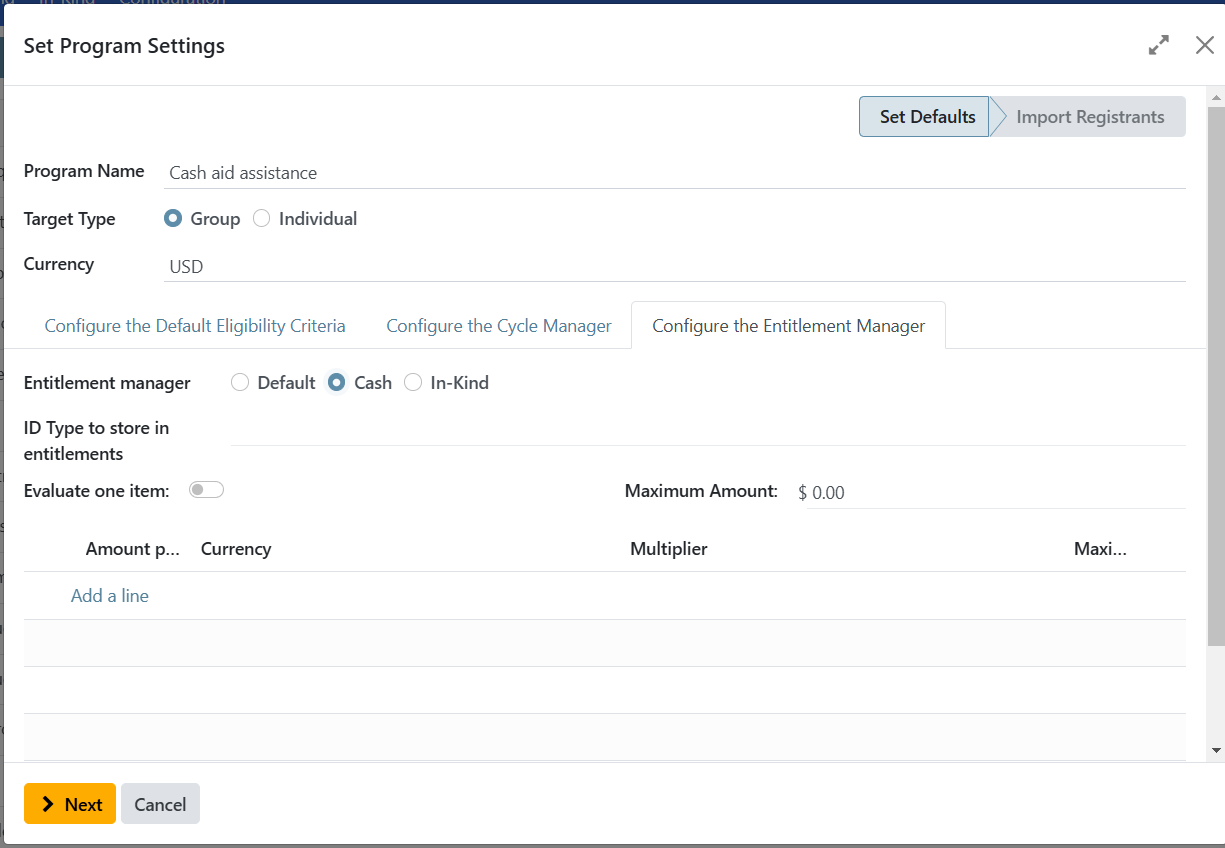 Entitlement manager selection showing Cash option highlighted among other available managers