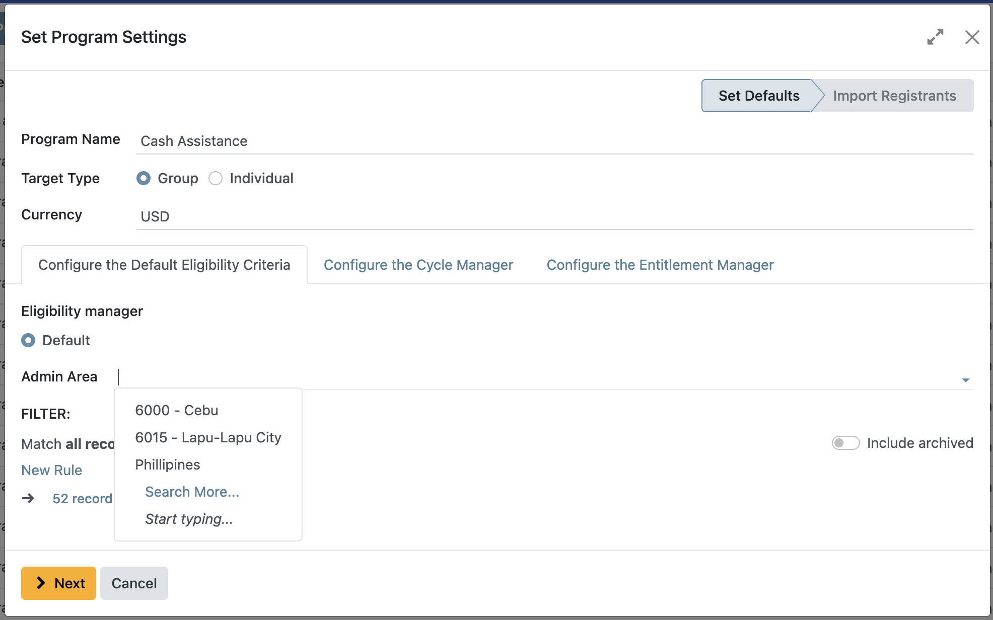 Default Eligibility Criteria configuration tab showing Admin Area selection dropdown for geographic filtering