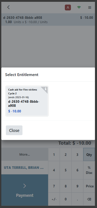 Mobile entitlement selection screen showing available entitlements with Close button