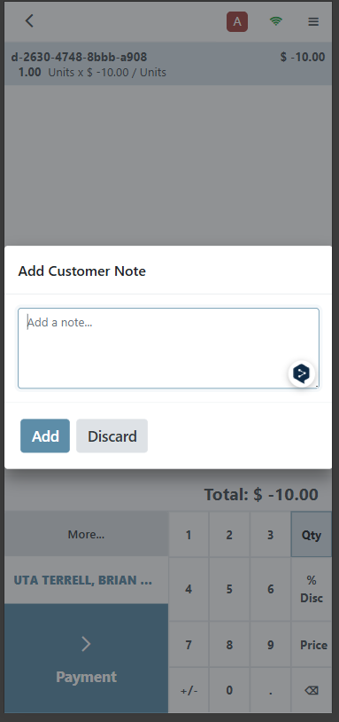 Mobile beneficiary note interface with text field and Add button