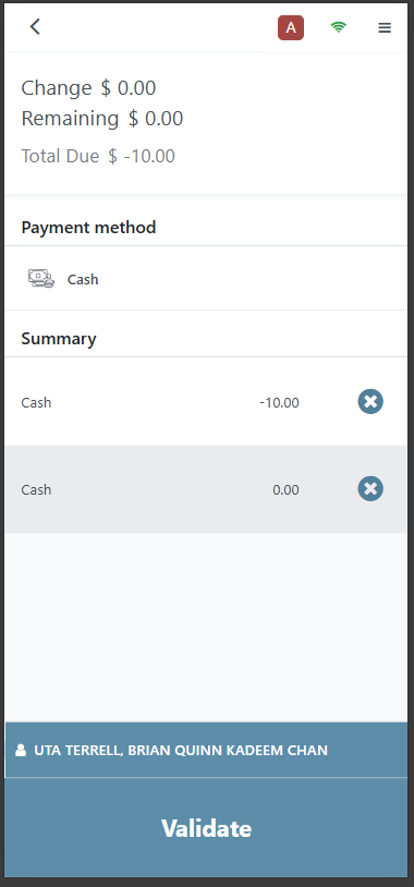 Mobile POS validation screen with Validate button to complete transaction