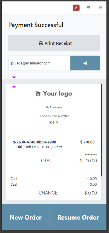 Mobile POS completion screen showing successful transaction with New Order button