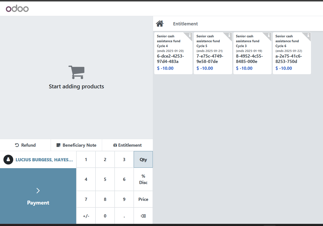 Mobile POS refund interface with beneficiary selected and Refund button