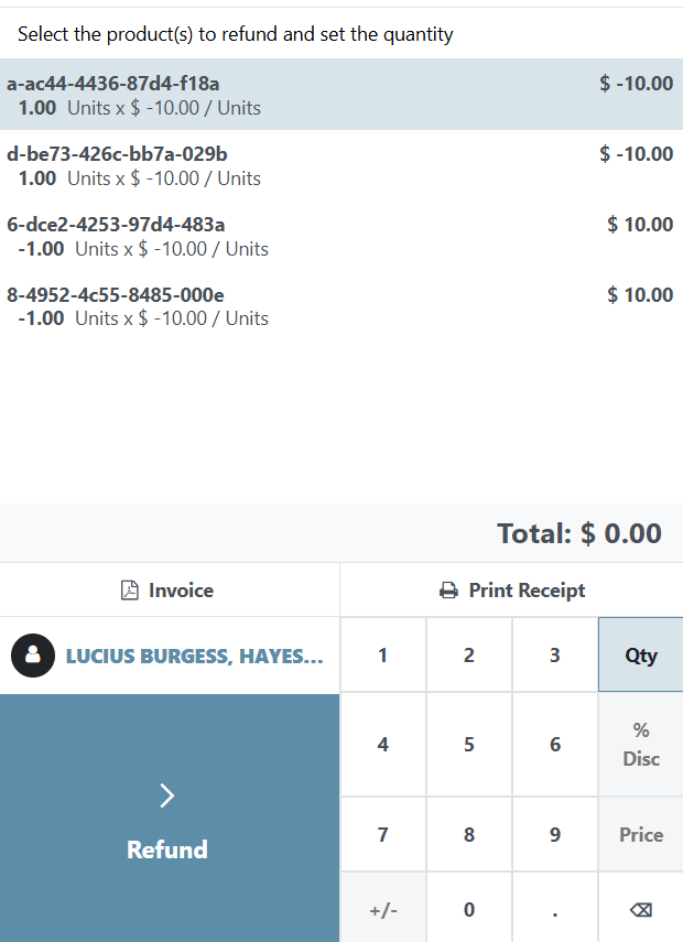 Mobile transaction details showing refundable items with negative amounts