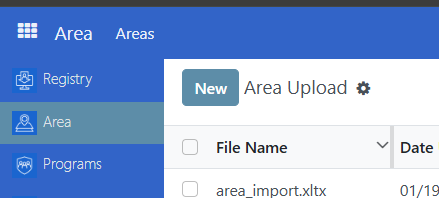 OpenSPP Areas page showing the New button in the top toolbar for creating a new area import