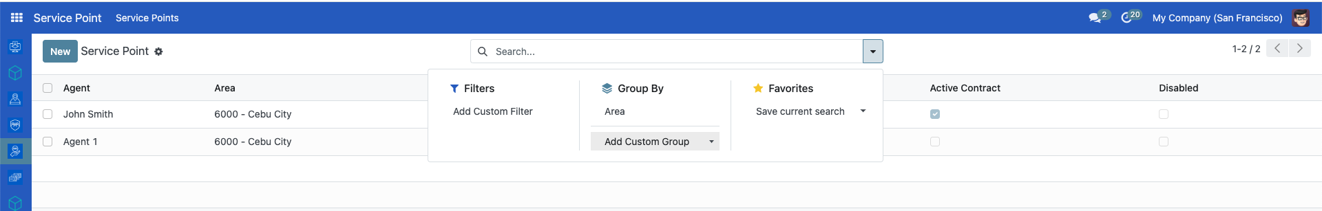 Service Points page showing the Group By dropdown menu with Area option highlighted