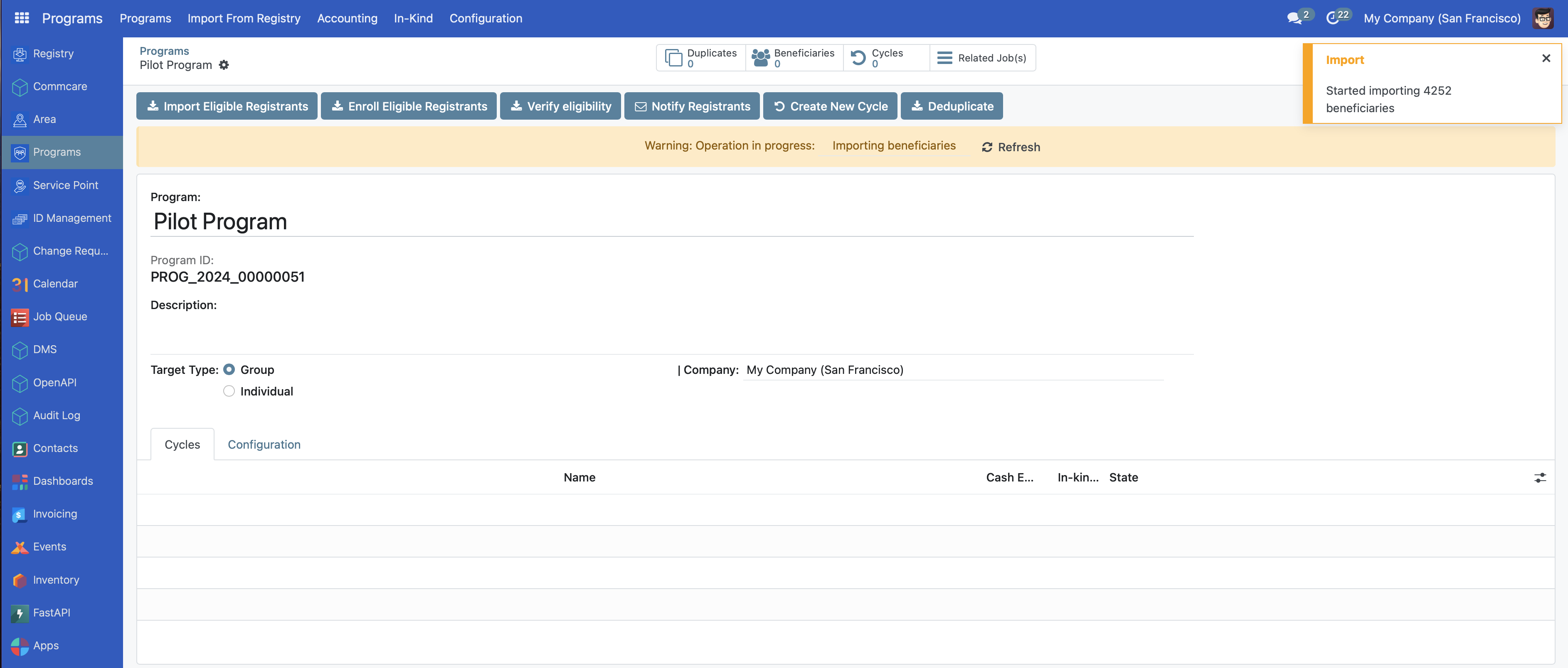Yellow notification message indicating that page refresh is needed to see the import status for large beneficiary volumes