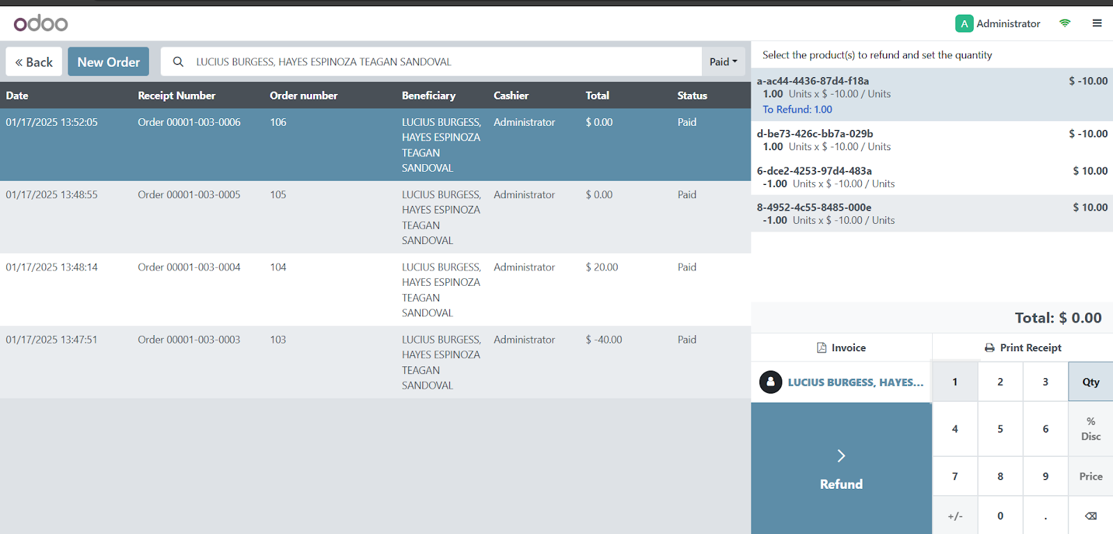 Mobile refund screen with number pad and Refund button for amount selection